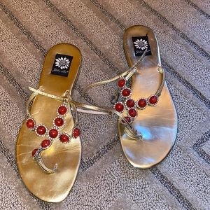 Gold embellished t strap sandal by Yellow Box